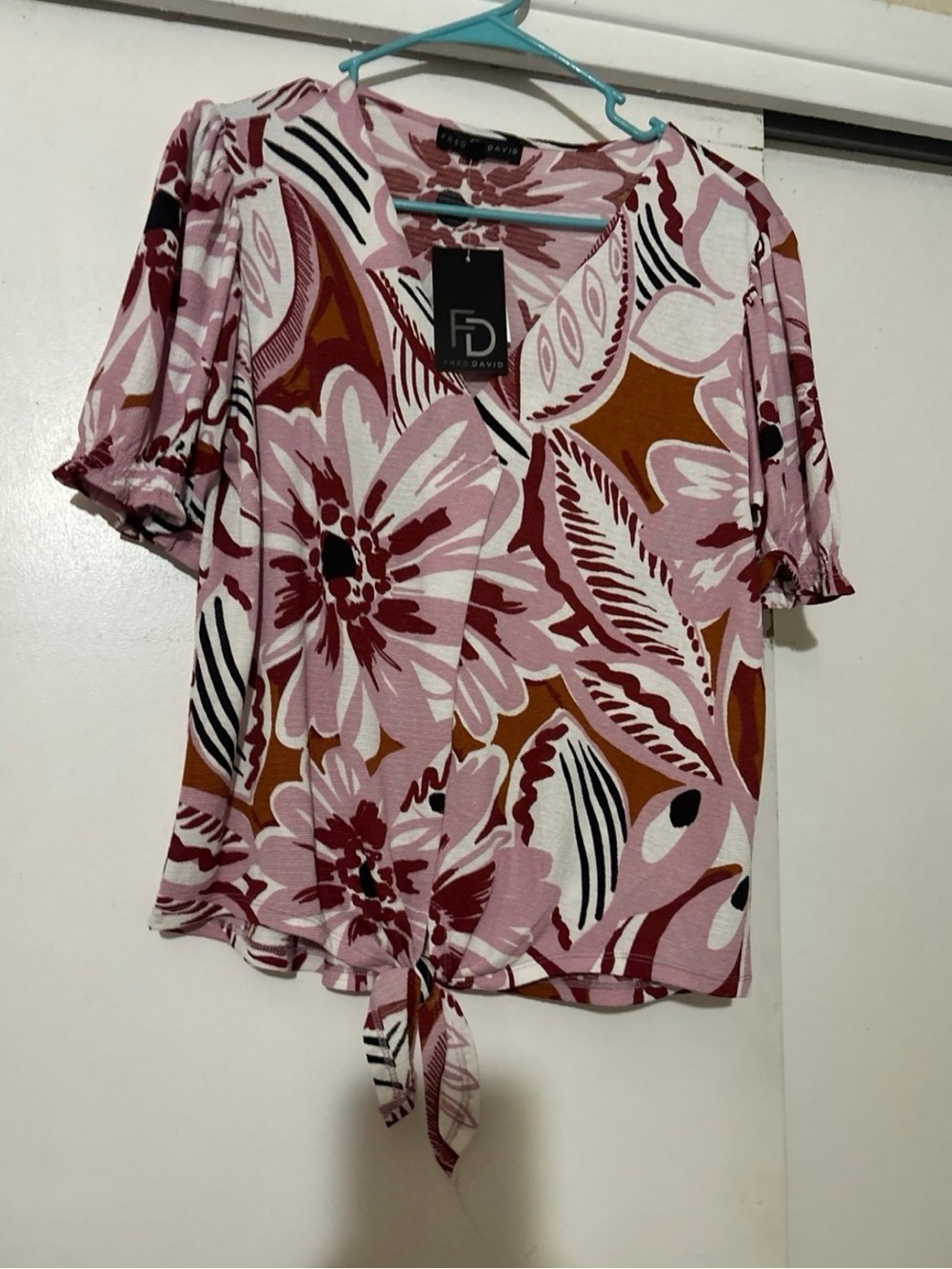 Fred David Pink Floral Tie-Front V-Neck Blouse